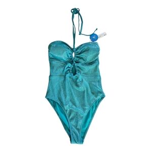 NWT Cupshe Metallic Teal One-Piece Swimsuit Size Medium | Keyhole Cutout